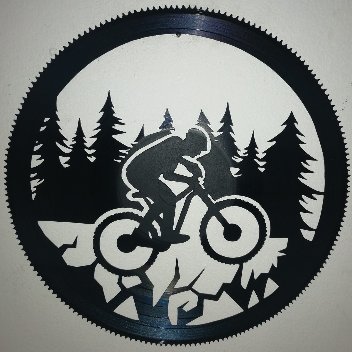 Cyklista v lese mezi stromy